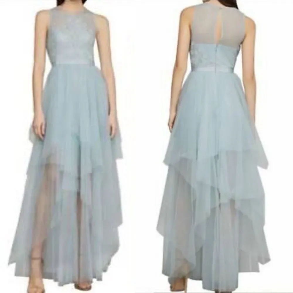 BCBGMAXAZRIA Sleeveless Embroidered Tulle Evening Gown Maxi Dress Light Blue 6
